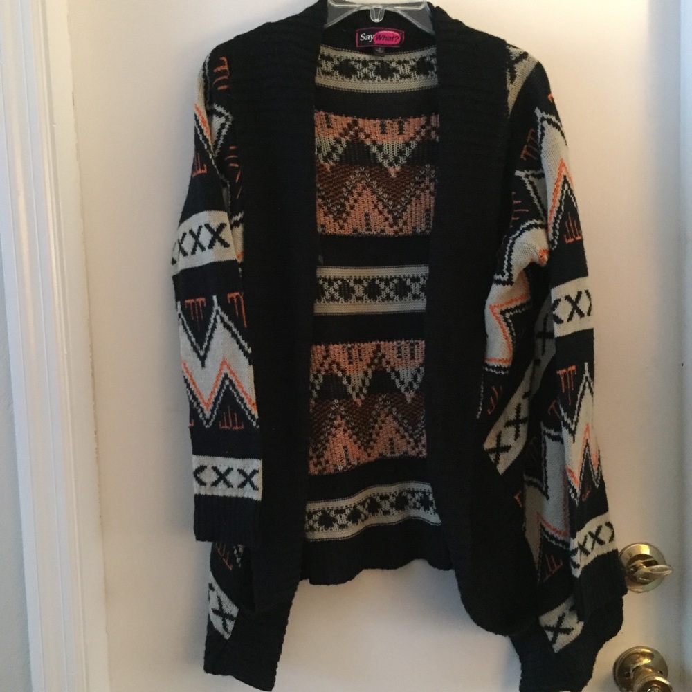 Say What Draped Open Cardigan Black Orange Small